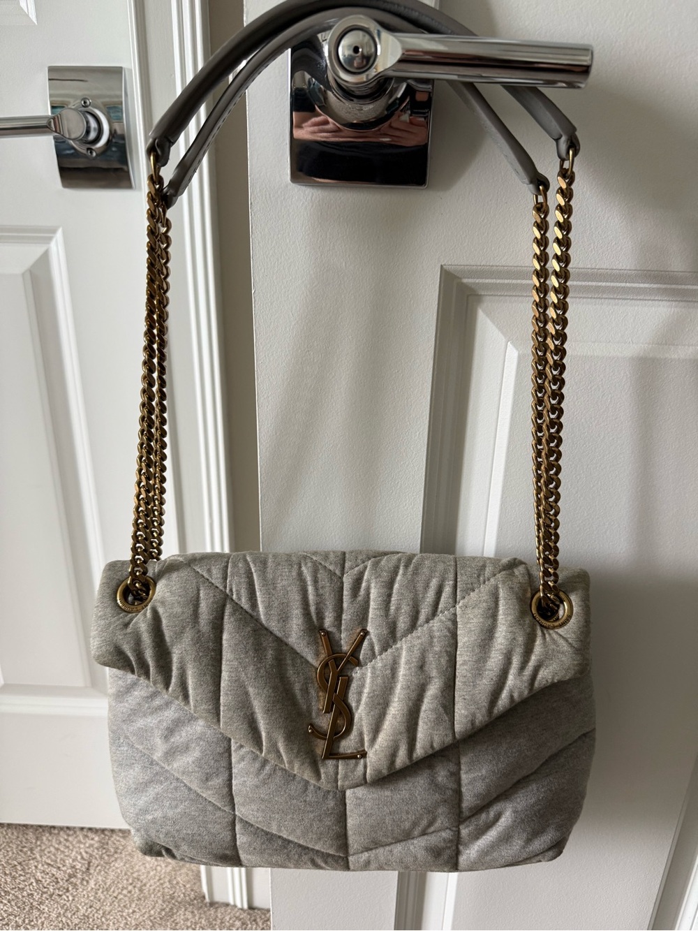 Saint Laurent Quilted Puffer Quilted Jersey Chain Shoulder Bag in Light Gray